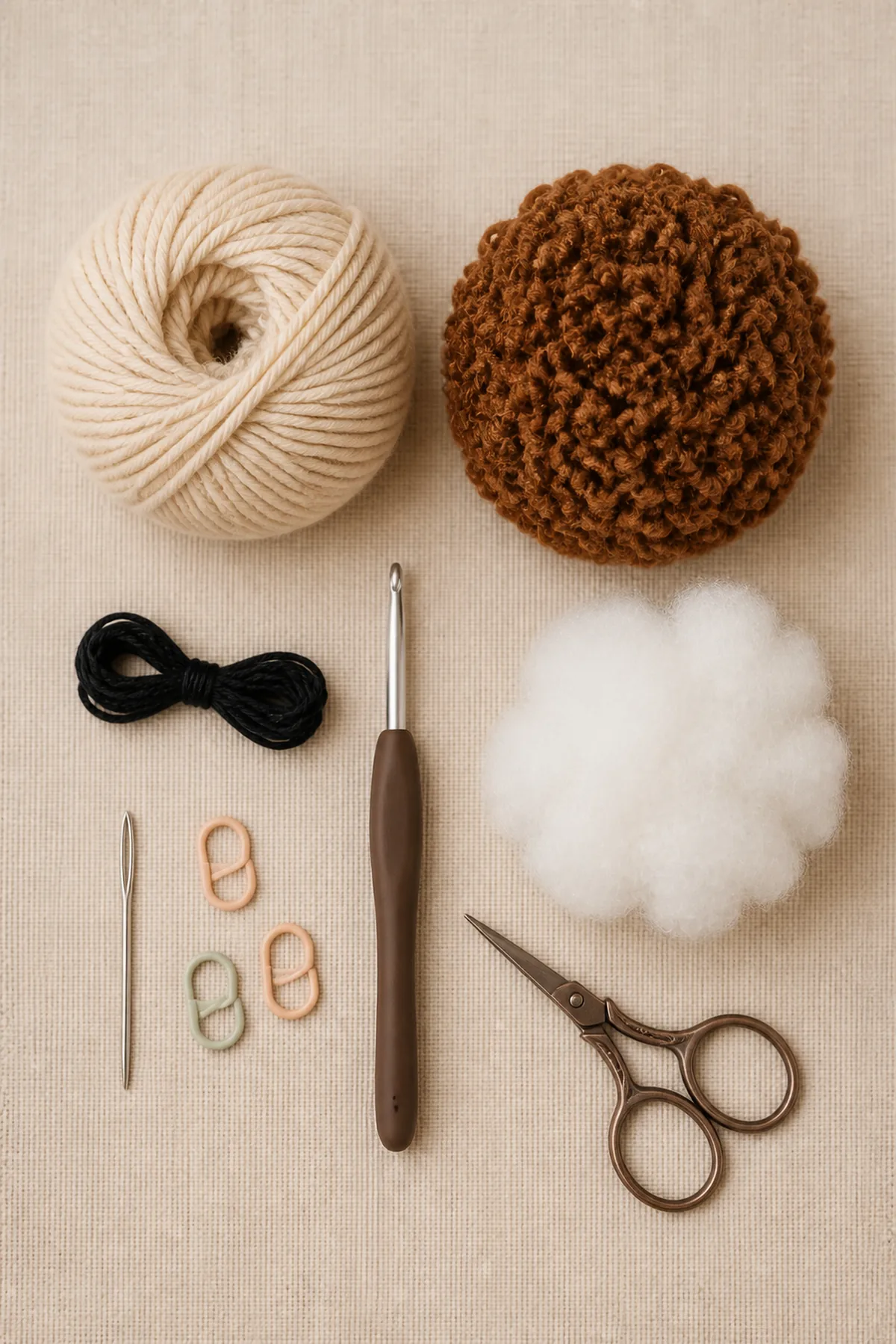 Yarn, crochet hook, stitch markers, yarn needle, tape measure, and scissors for mini crochet hedgehog amigurumi
