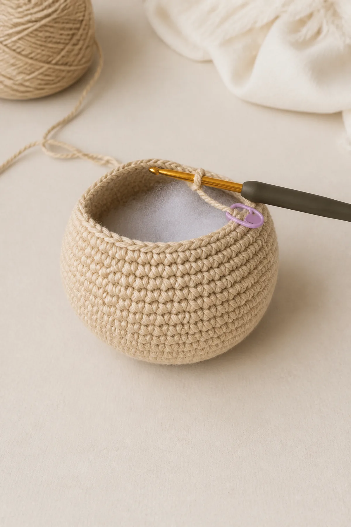 Early crochet construction stage for mini crochet hedgehog amigurumi with working yarn and hook