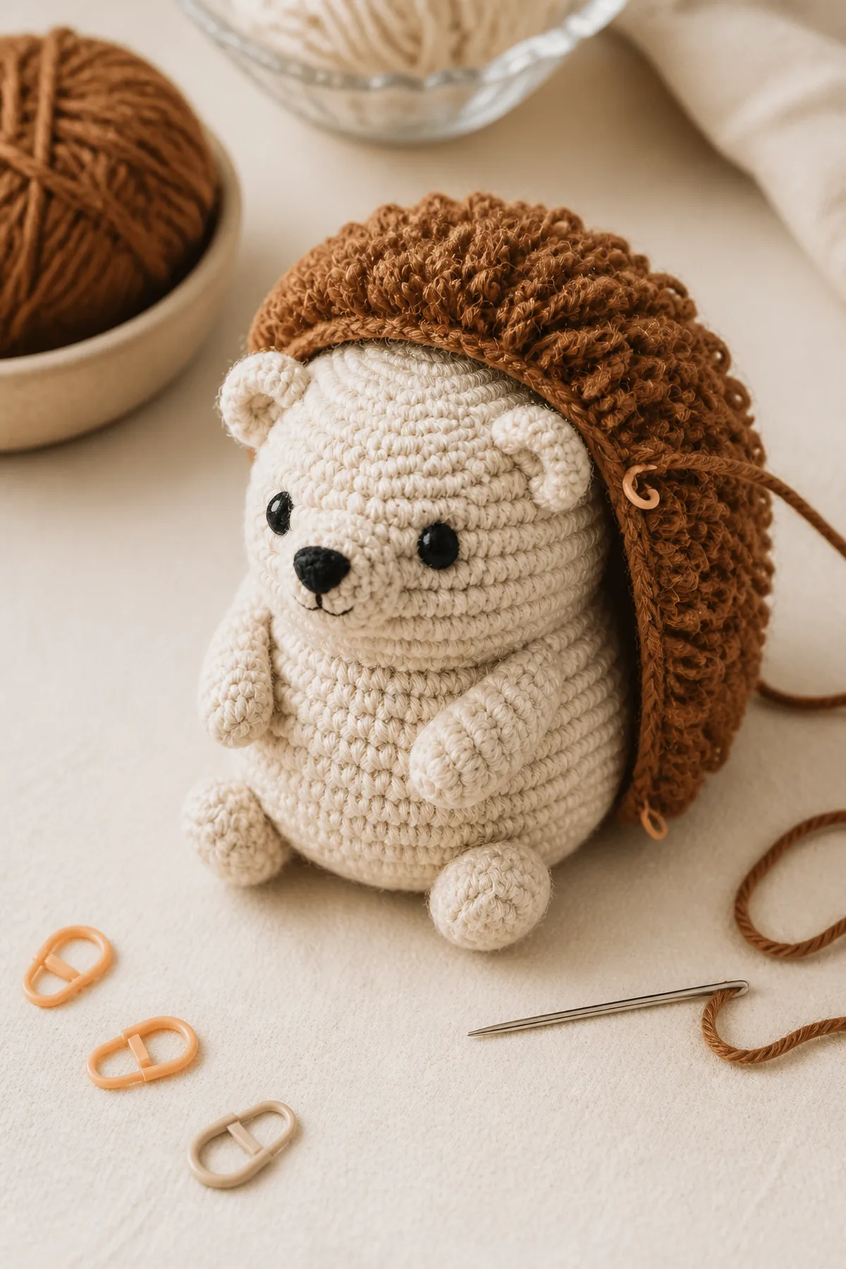 Mid-process crochet construction and shaping for mini crochet hedgehog amigurumi