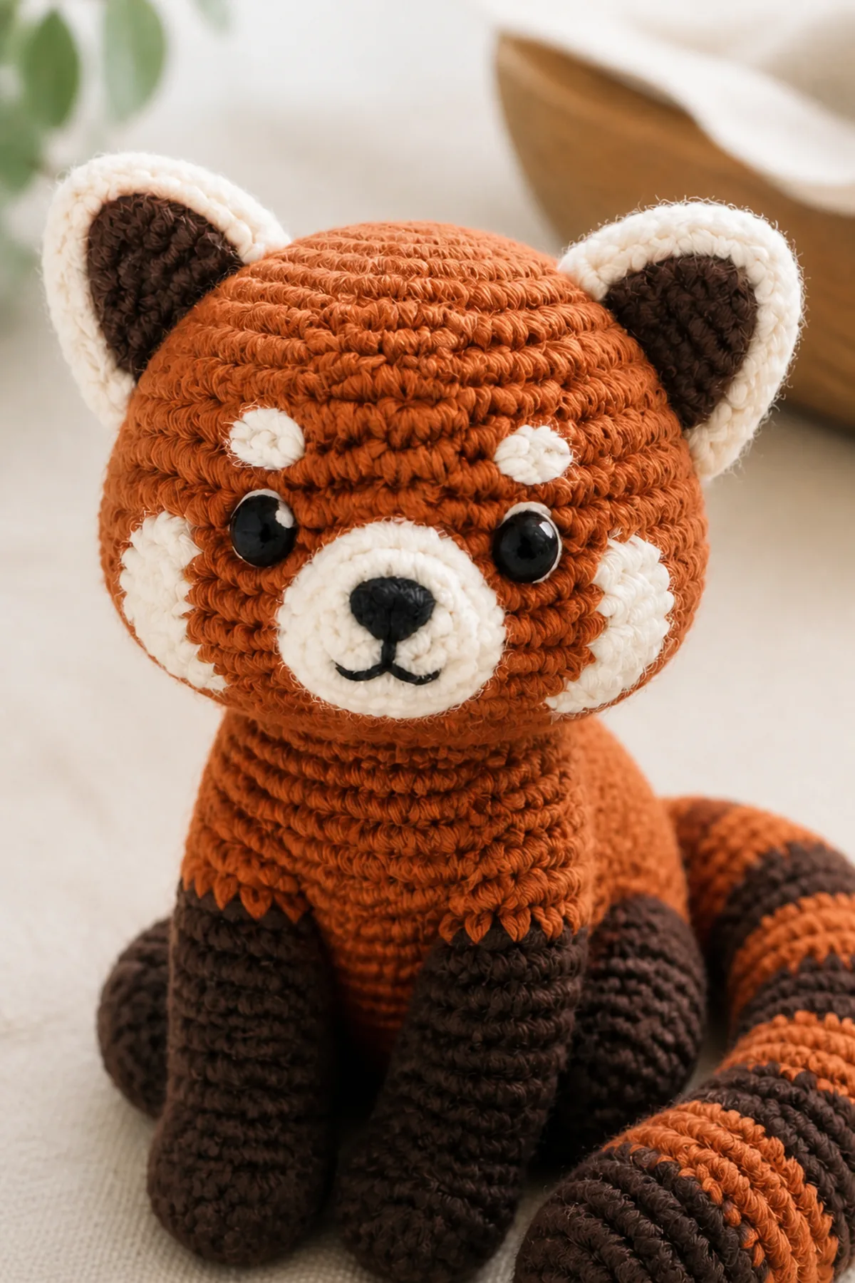 Close-up of the stitch texture and finishing details on mini crochet red panda amigurumi