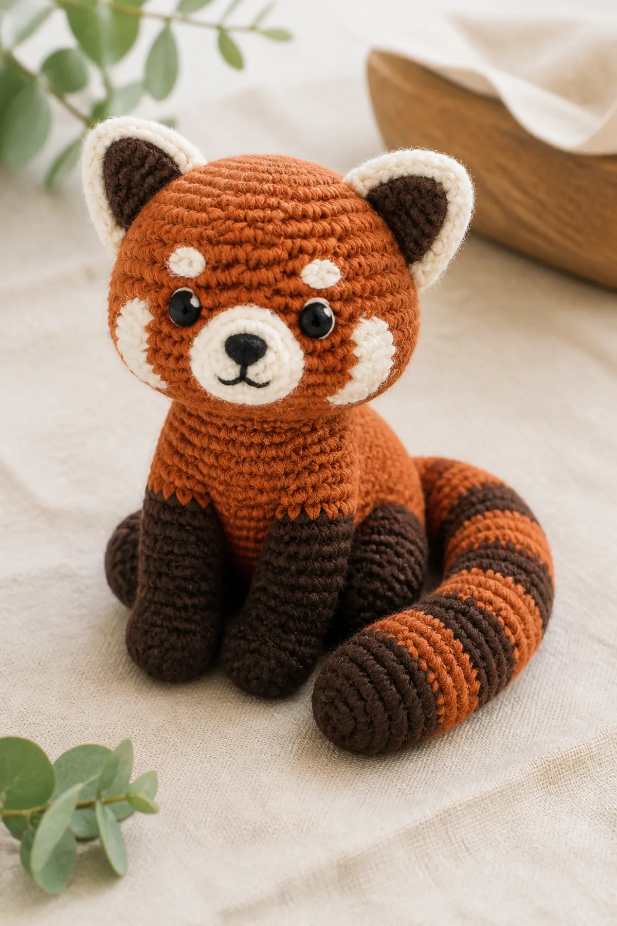Finished mini crochet red panda amigurumi displayed with a clean handmade finish