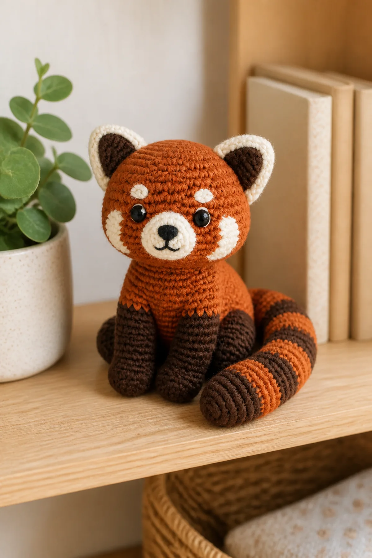 Finished mini crochet red panda amigurumi styled in a bright natural setting