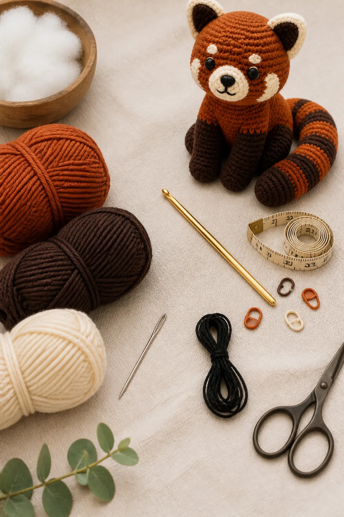 Yarn, crochet hook, stitch markers, yarn needle, tape measure, and scissors for mini crochet red panda amigurumi
