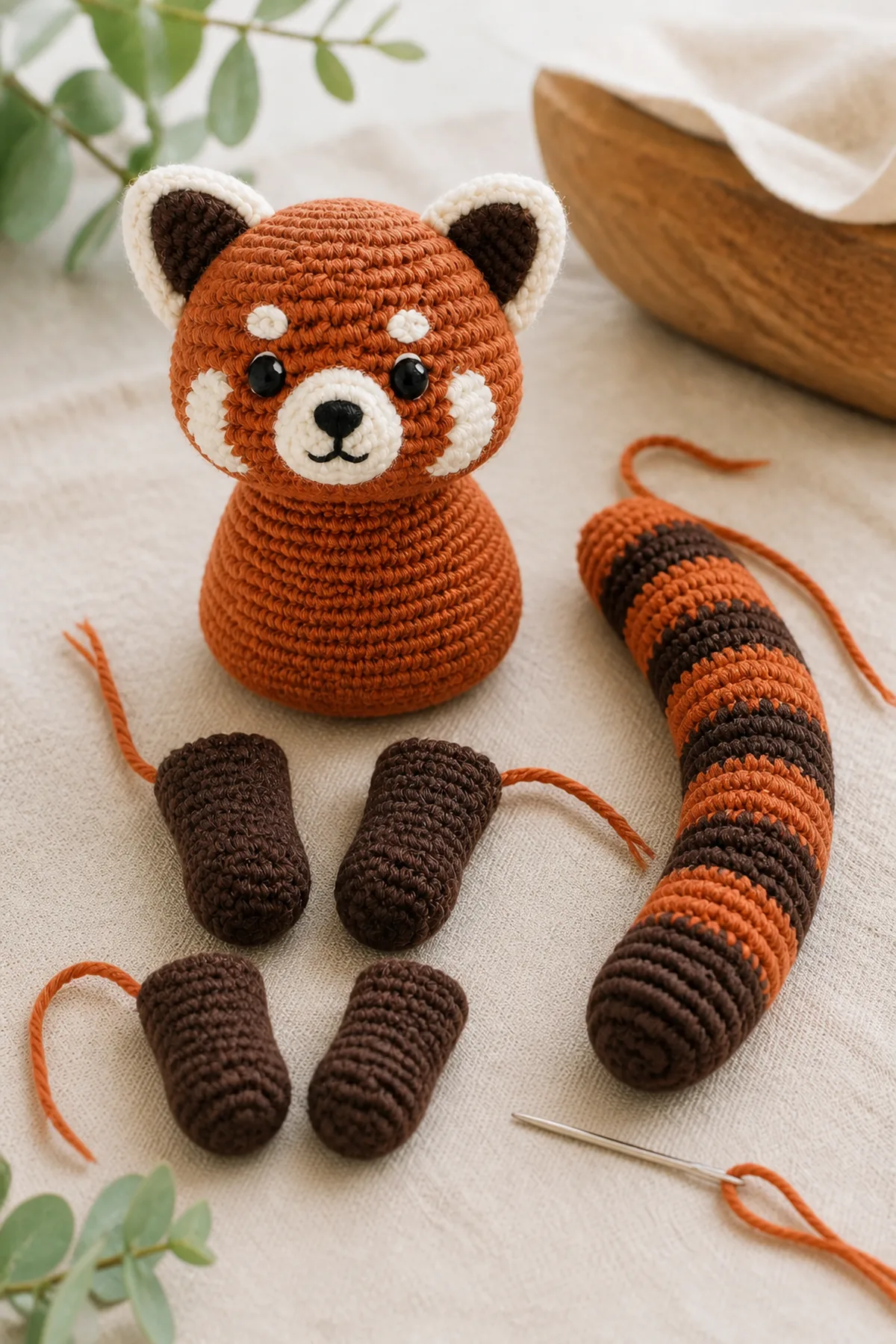 Mid-process crochet construction and shaping for mini crochet red panda amigurumi