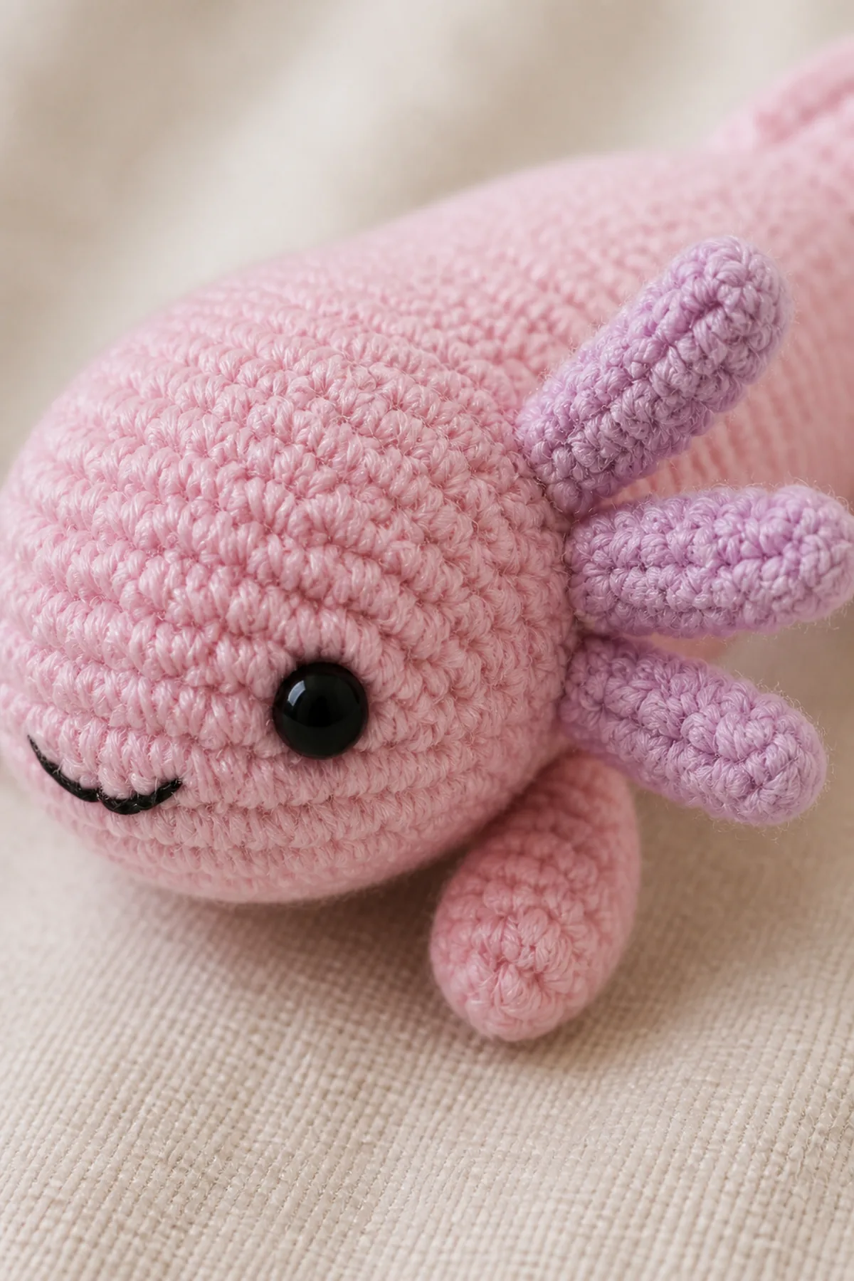 Close-up of crochet axolotl face and three lavender gill branches attached to the head