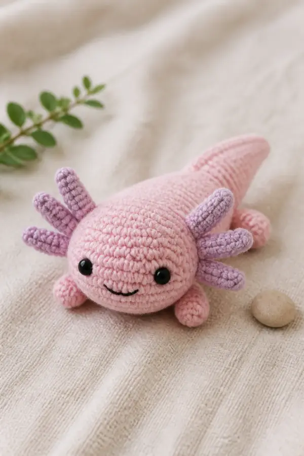 Finished blush-pink mini crochet axolotl with lavender gills and four integrated limbs