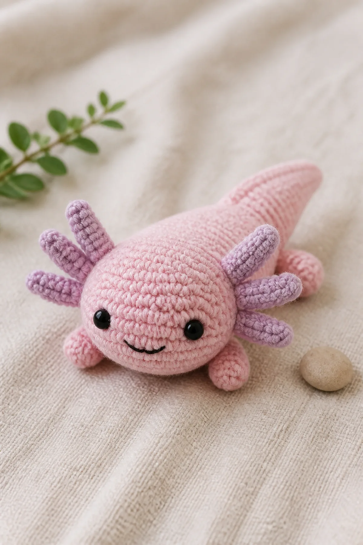 Finished blush-pink mini crochet axolotl with lavender gills and four integrated limbs