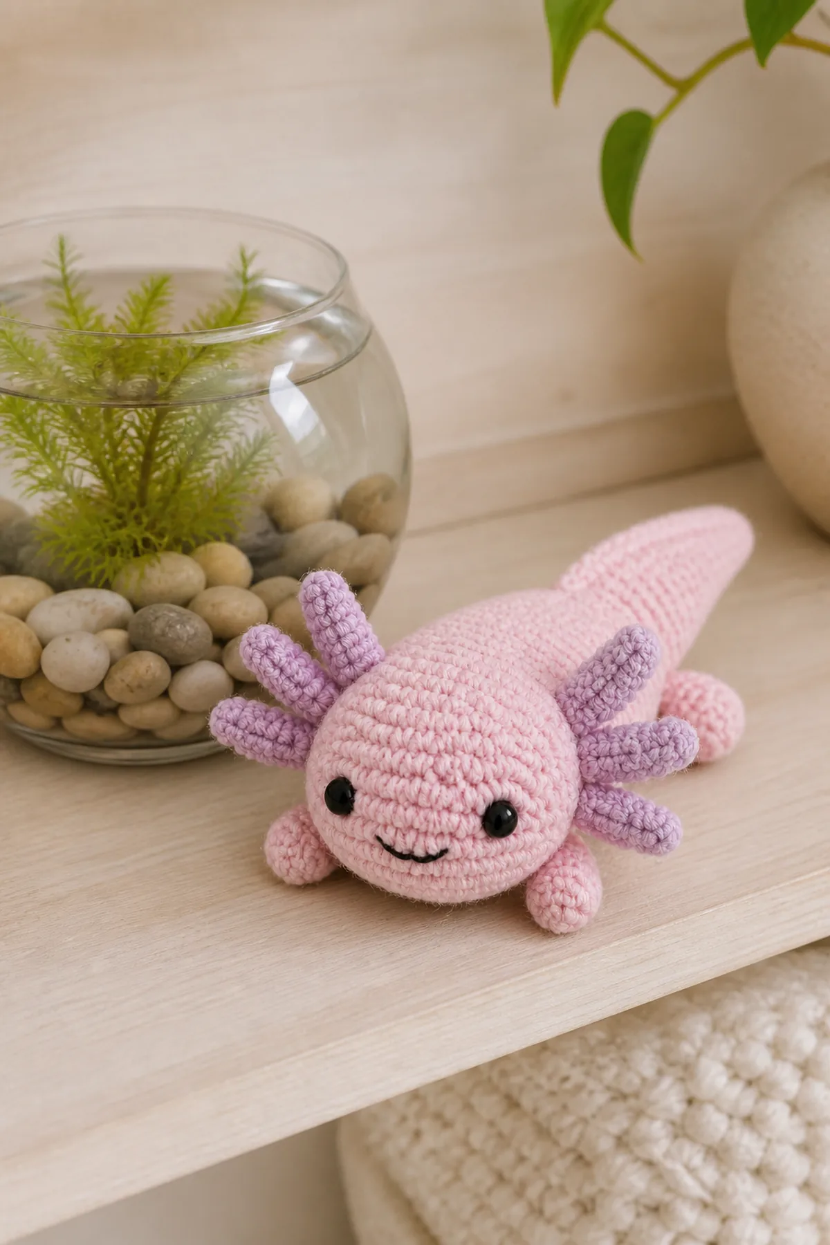 Completed mini crochet axolotl displayed beside a glass bowl with pebbles and an aquatic plant