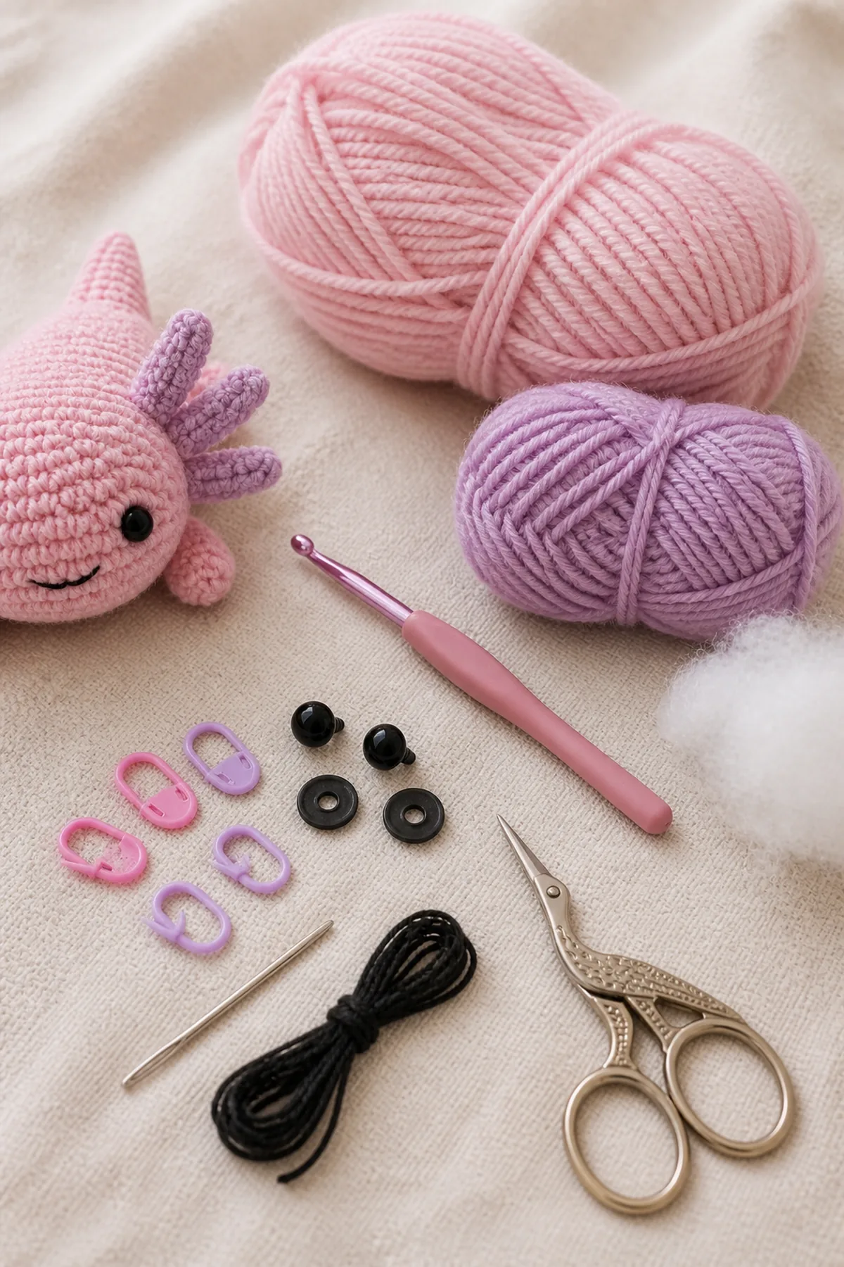 Pink and lavender yarn with hook, safety eyes, stuffing, markers, needle, thread, and scissors