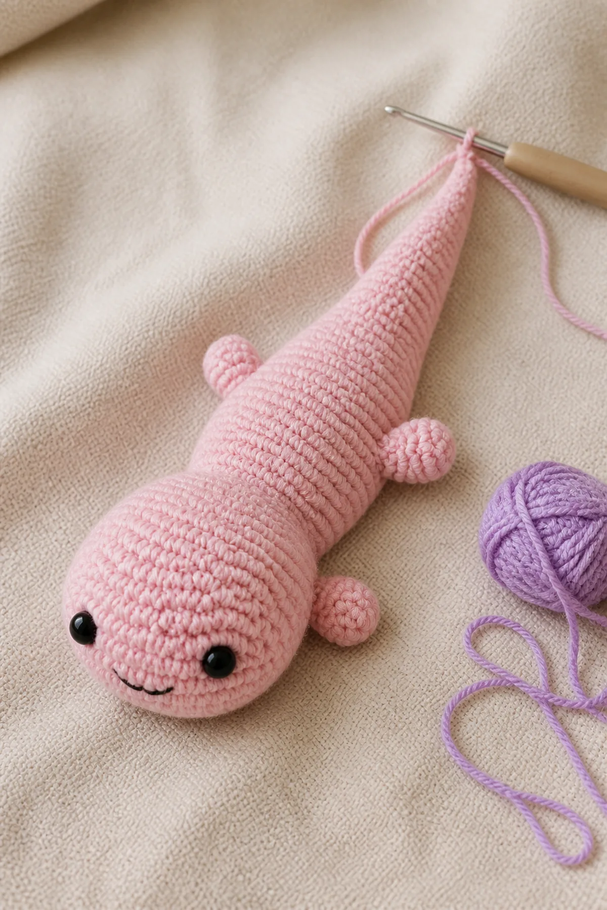 Axolotl body in progress showing integrated bobble limbs and tapered tail on the hook