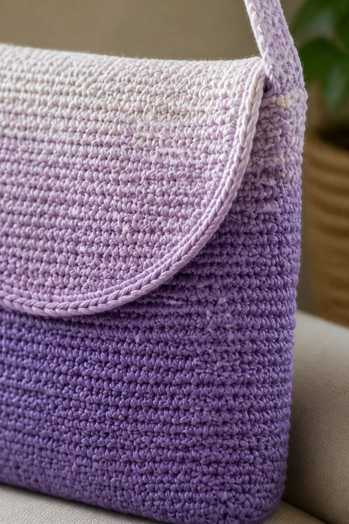 Close-up of the stitch texture and finishing details on ombre crochet messenger bag