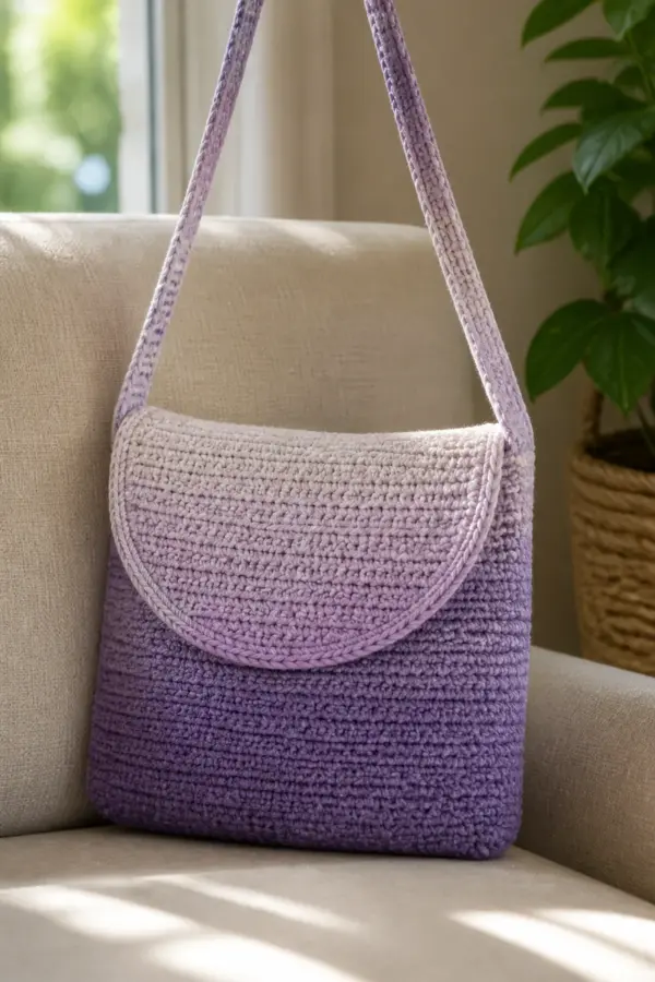 Finished ombre crochet messenger bag displayed with a clean handmade finish