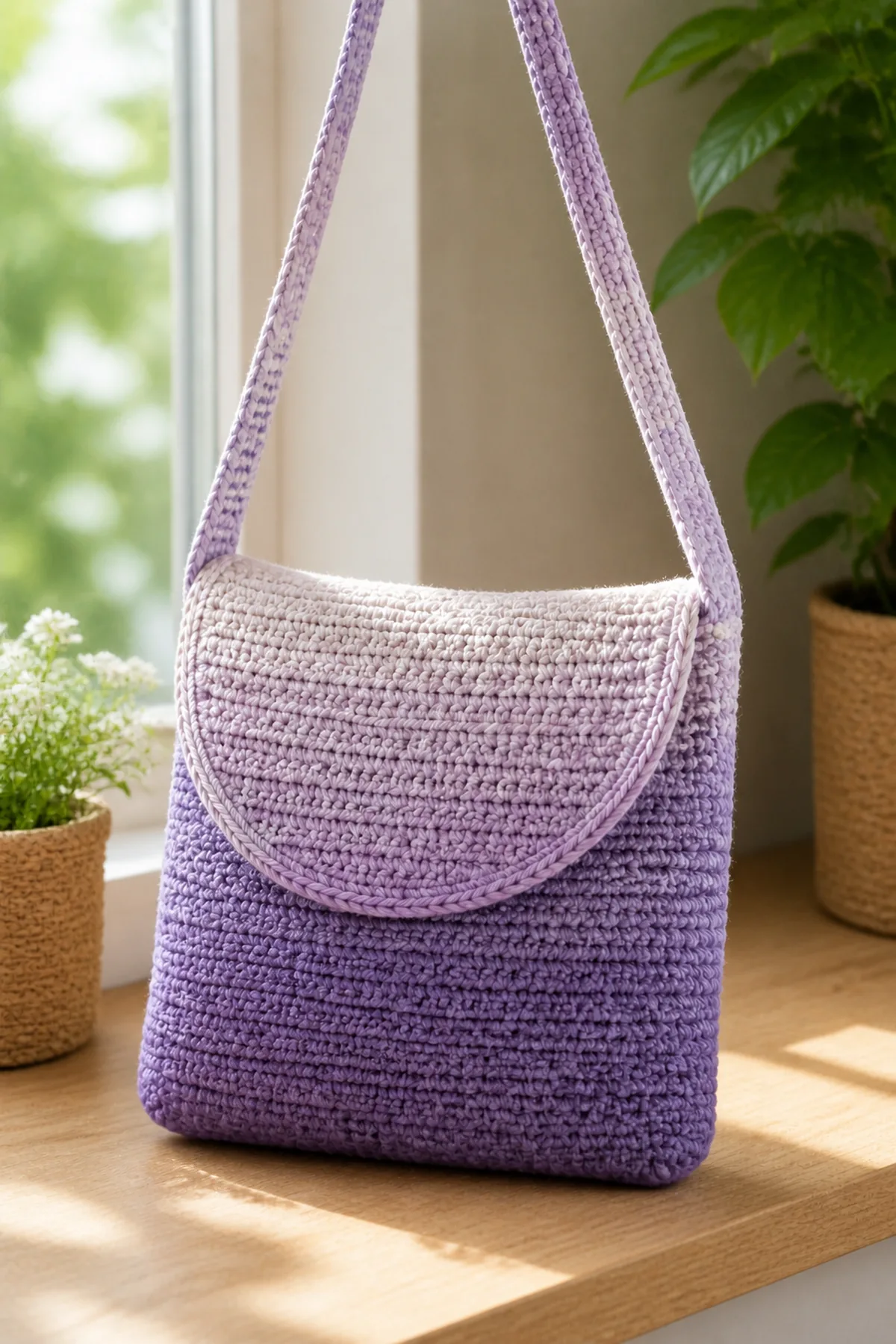 Finished ombre crochet messenger bag styled in a bright natural setting