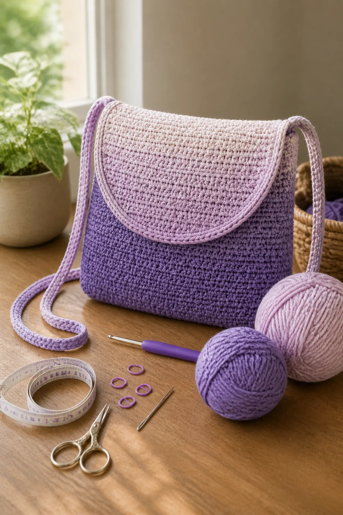 Yarn, crochet hook, stitch markers, yarn needle, tape measure, and scissors for ombre crochet messenger bag