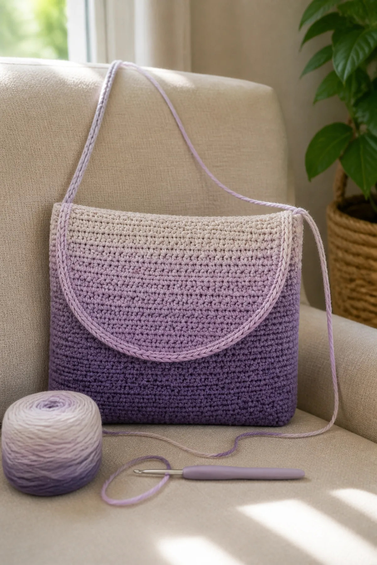 Early crochet construction stage for ombre crochet messenger bag with working yarn and hook