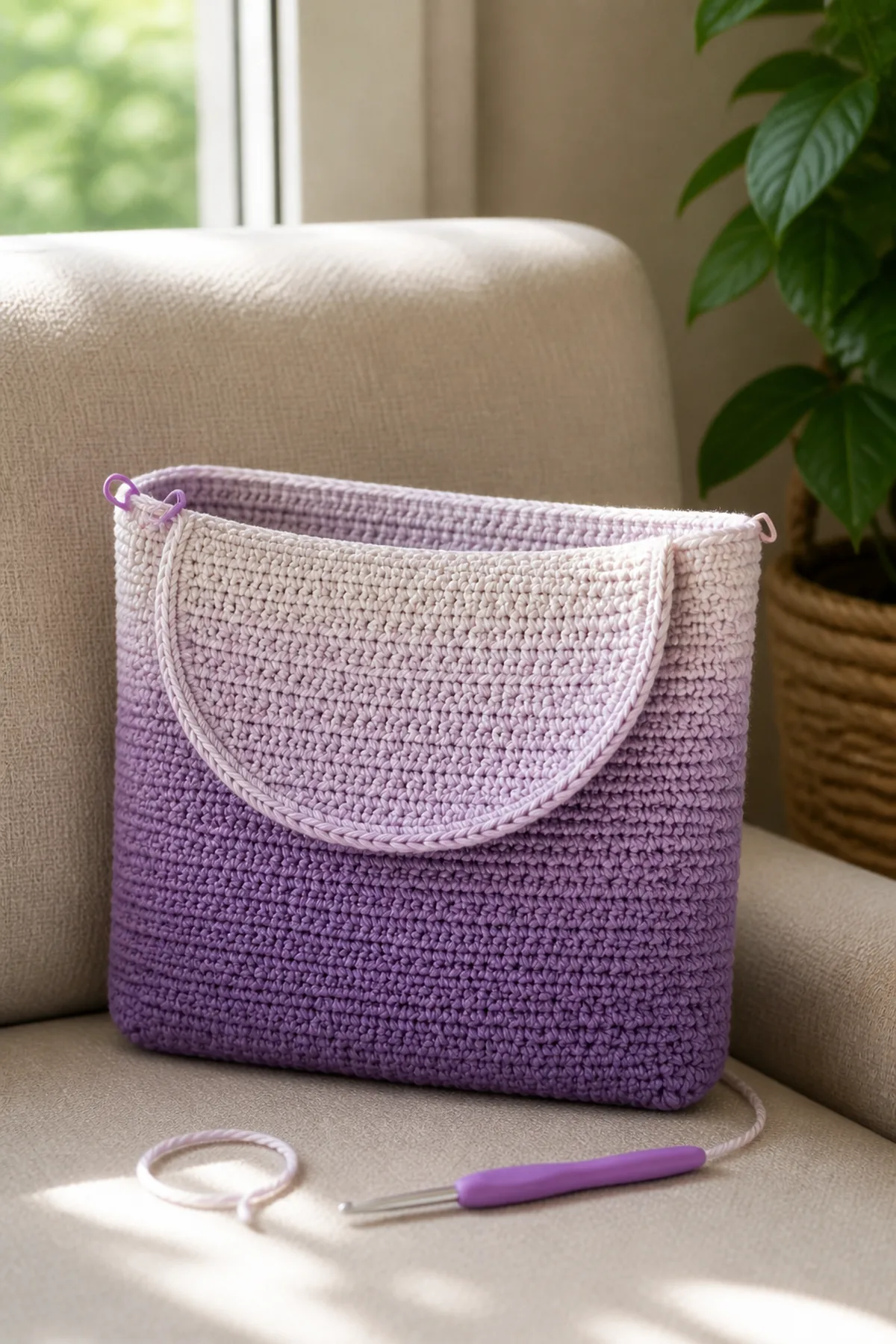 Mid-process crochet construction and shaping for ombre crochet messenger bag
