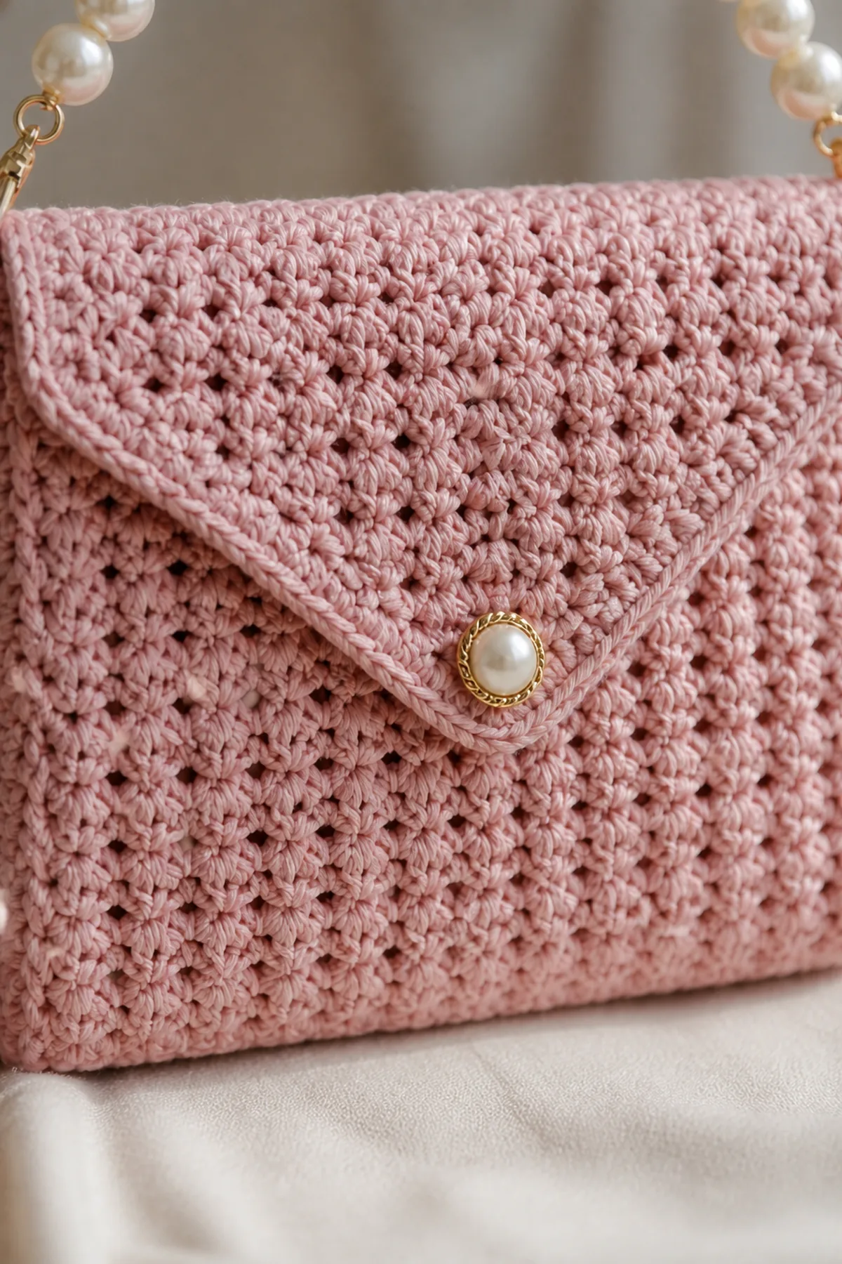 Close-up of the stitch texture and finishing details on pearl-handle crochet evening bag