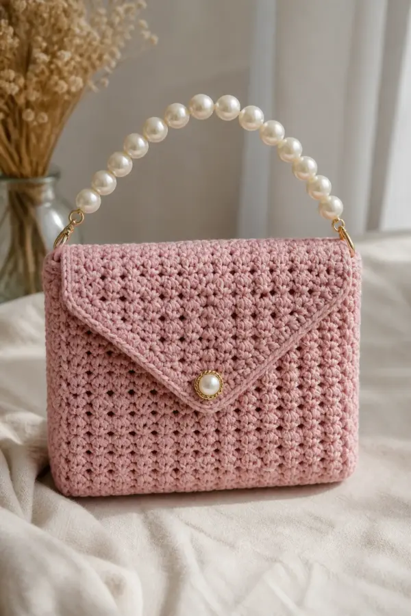 Finished pearl-handle crochet evening bag displayed with a clean handmade finish