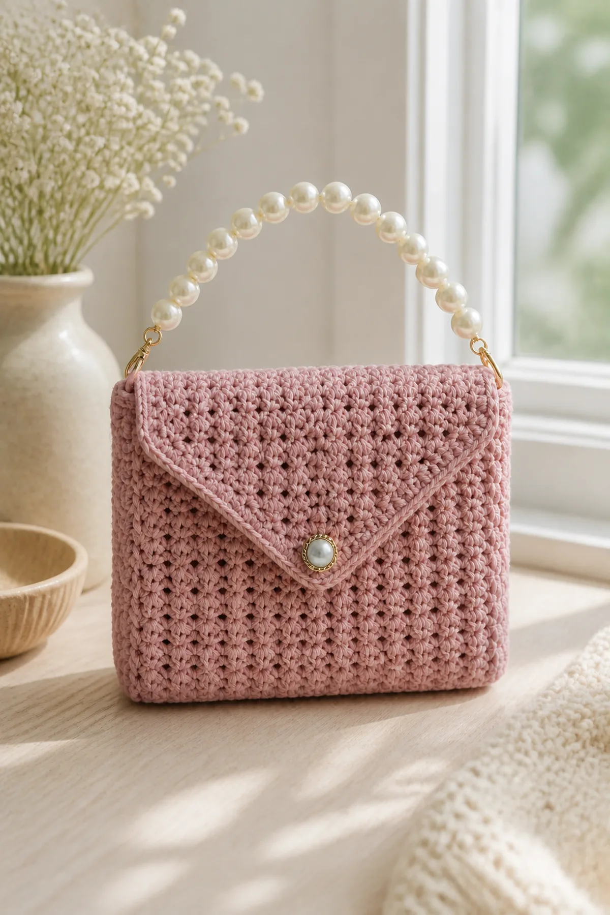 Finished pearl-handle crochet evening bag styled in a bright natural setting