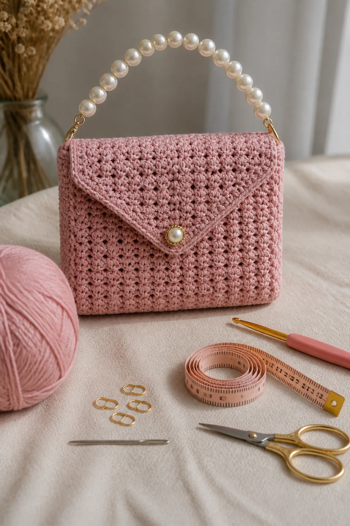 Yarn, crochet hook, stitch markers, yarn needle, tape measure, and scissors for pearl-handle crochet evening bag