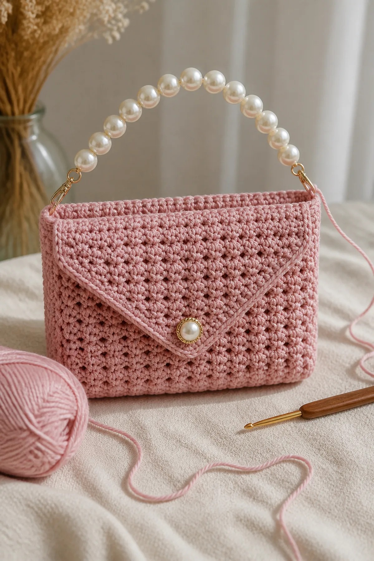 Early crochet construction stage for pearl-handle crochet evening bag with working yarn and hook