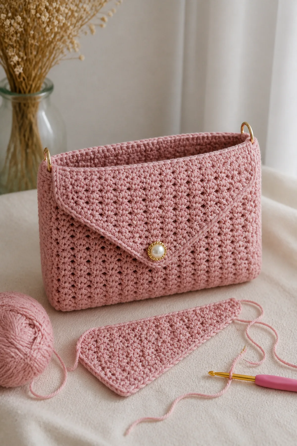 Mid-process crochet construction and shaping for pearl-handle crochet evening bag