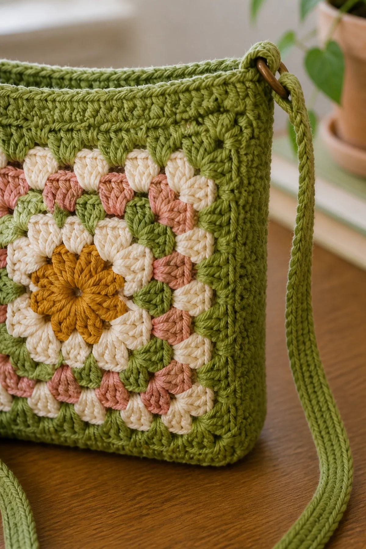 Close-up of the stitch texture and finishing details on small crochet bag with a granny square front