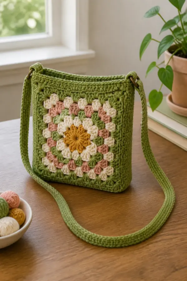 Finished small crochet bag with a granny square front displayed with a clean handmade finish