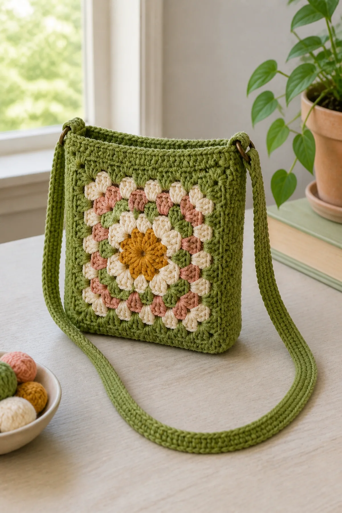 Finished small crochet bag with a granny square front styled in a bright natural setting