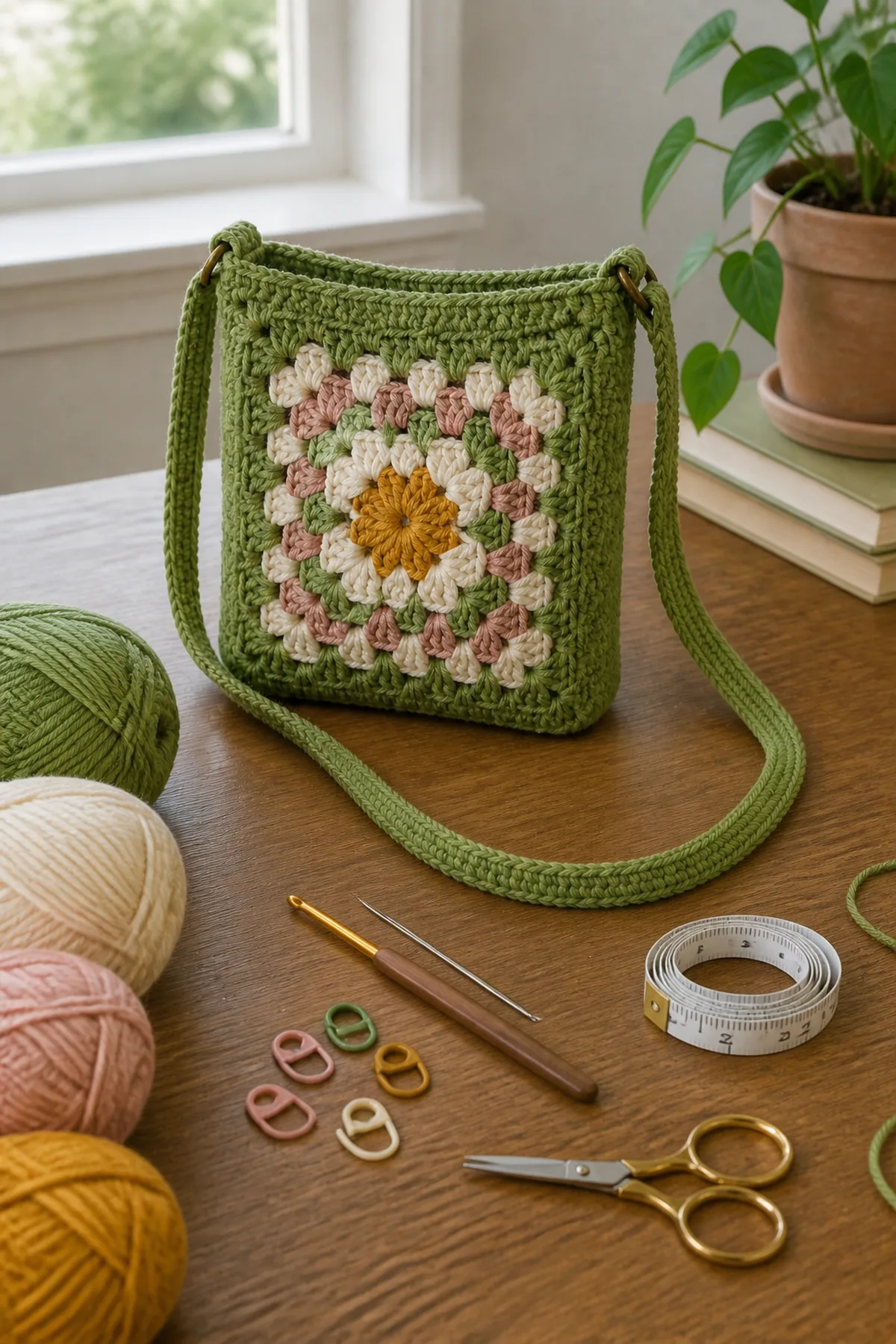 Yarn, crochet hook, stitch markers, yarn needle, tape measure, and scissors for small crochet bag with a granny square front