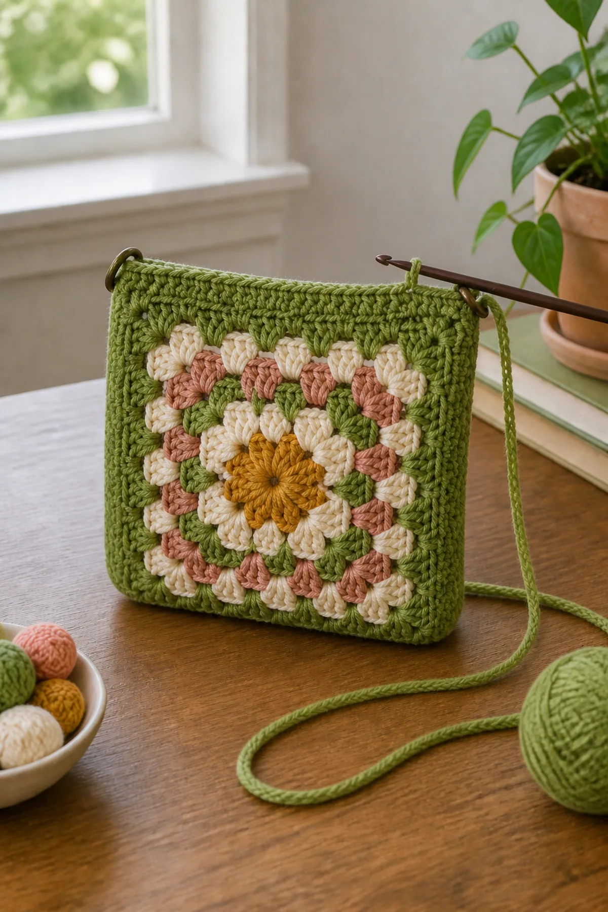 Early crochet construction stage for small crochet bag with a granny square front with working yarn and hook