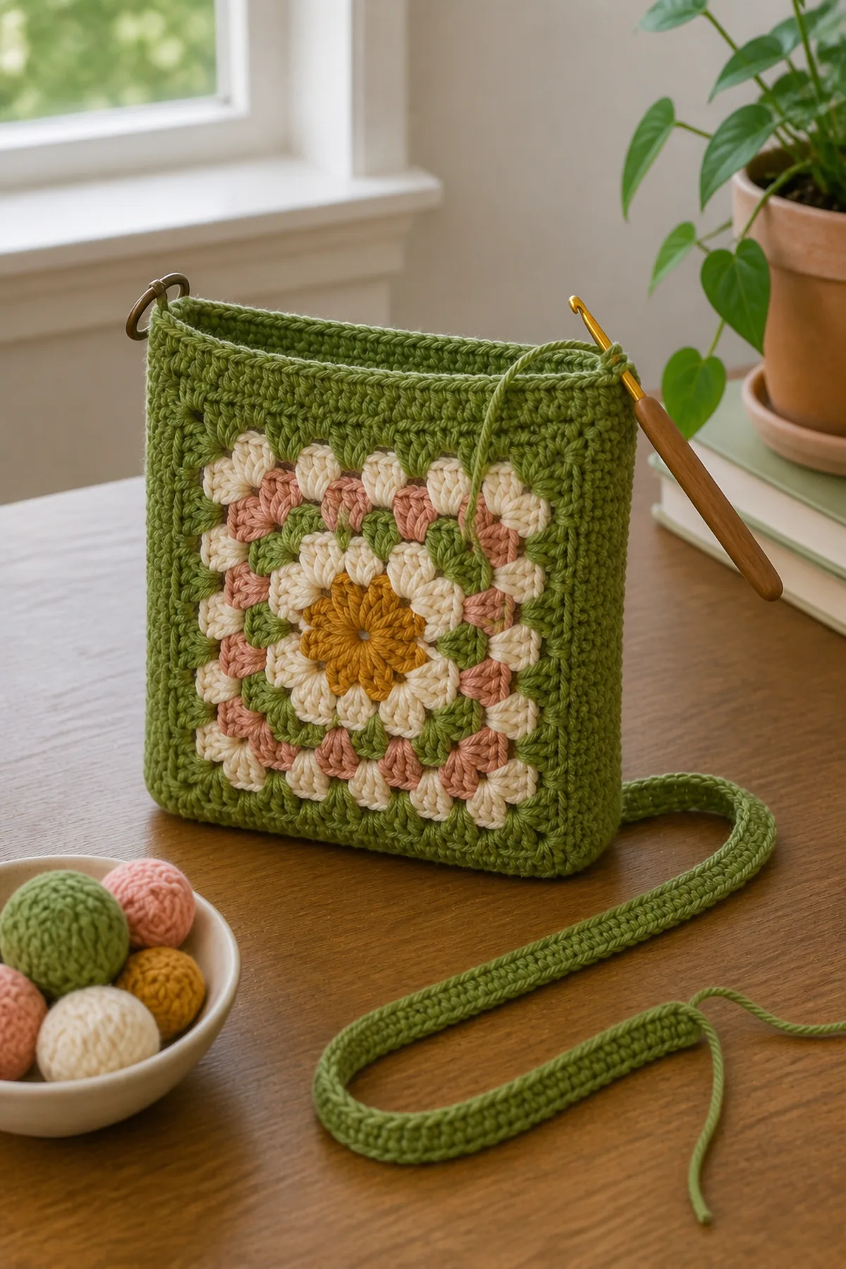 Mid-process crochet construction and shaping for small crochet bag with a granny square front