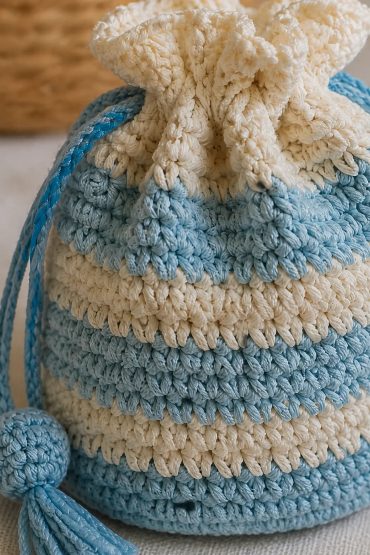 Close-up of the stitch texture and finishing details on small crochet drawstring bag