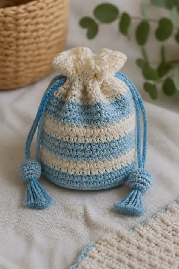 Finished small crochet drawstring bag displayed with a clean handmade finish