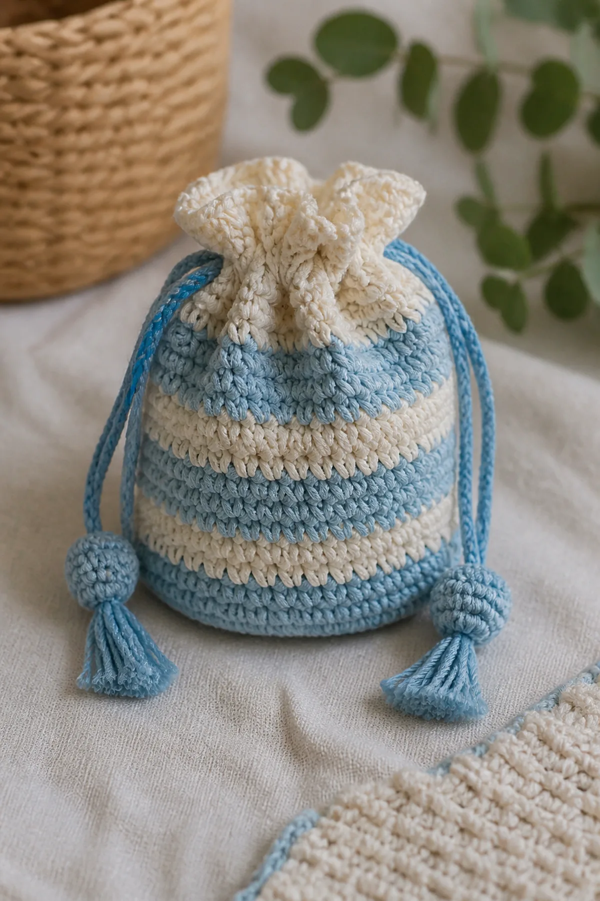 Finished small crochet drawstring bag displayed with a clean handmade finish