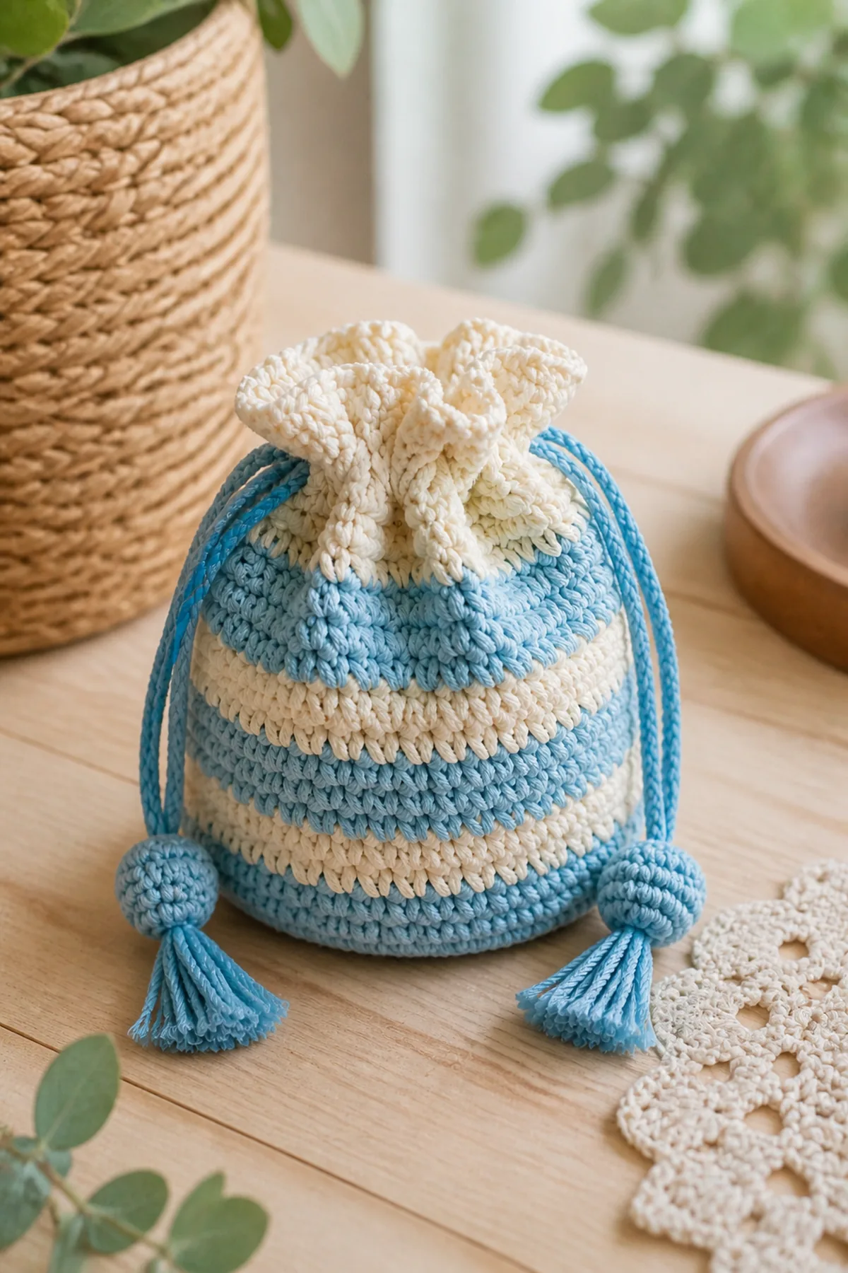 Finished small crochet drawstring bag styled in a bright natural setting