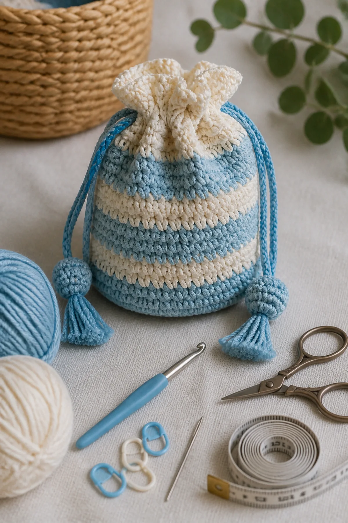 Yarn, crochet hook, stitch markers, yarn needle, tape measure, and scissors for small crochet drawstring bag