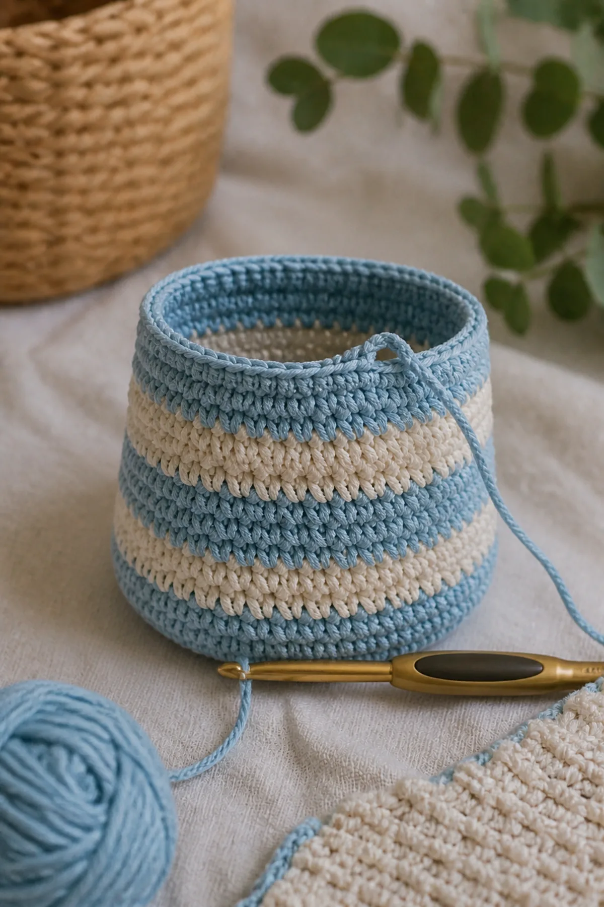 Early crochet construction stage for small crochet drawstring bag with working yarn and hook
