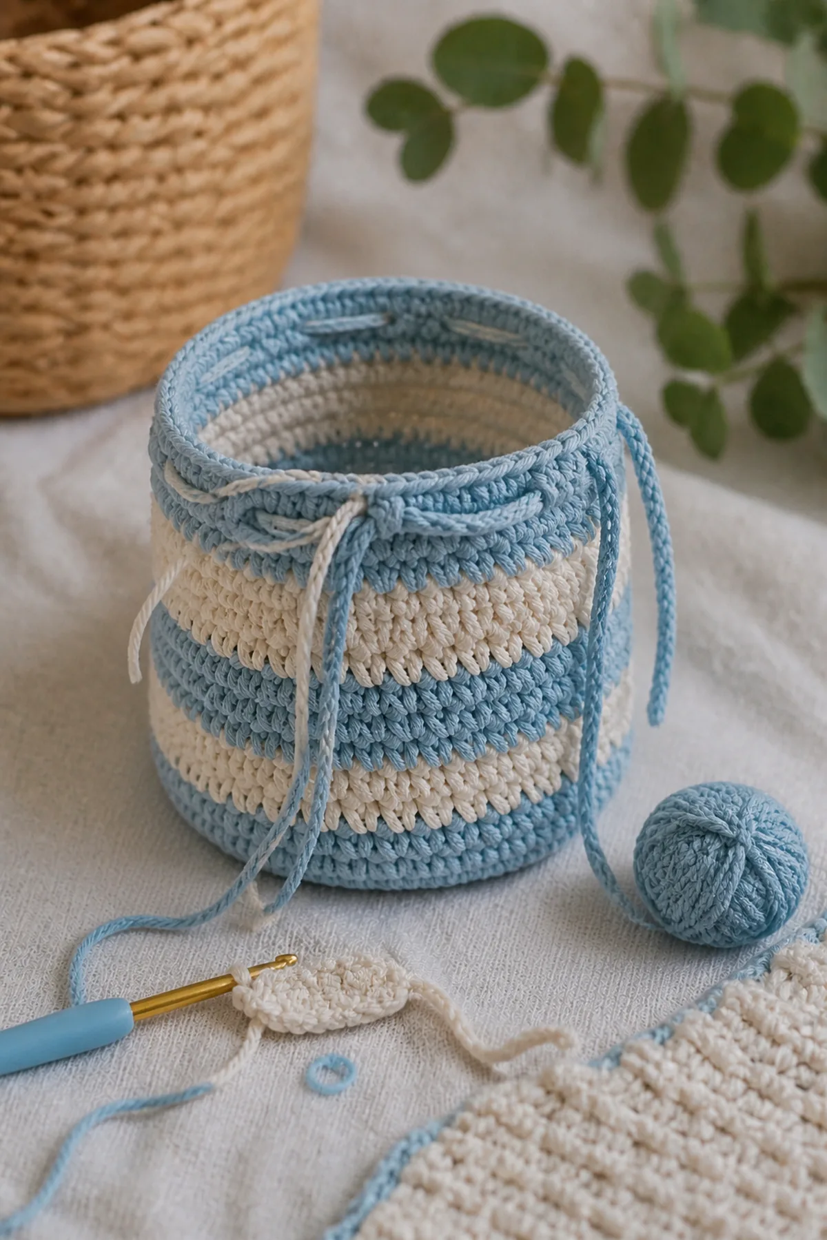 Mid-process crochet construction and shaping for small crochet drawstring bag