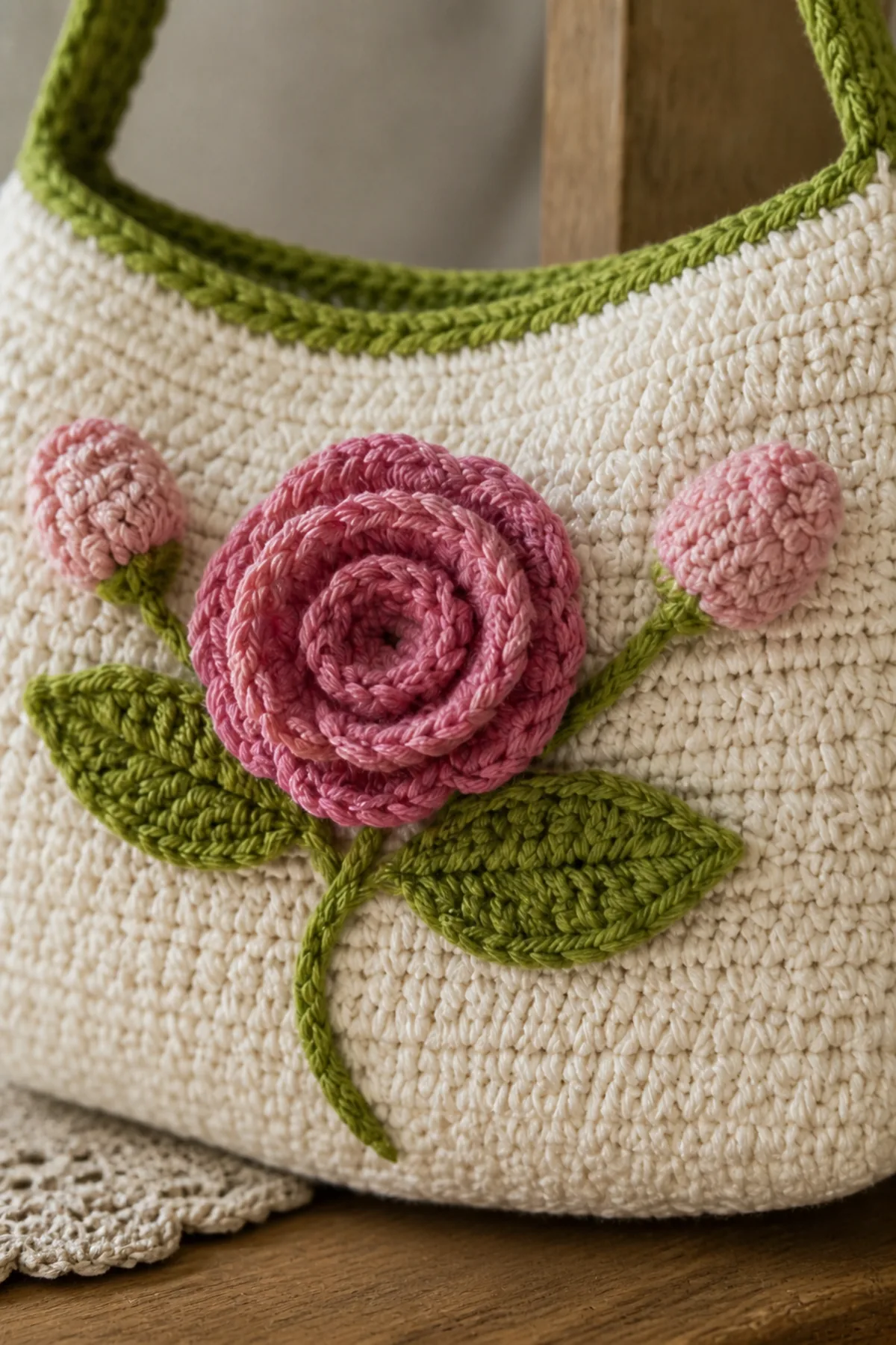 Close-up of the stitch texture and finishing details on small crochet rose bag