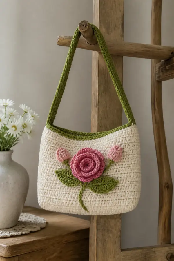 Finished small crochet rose bag displayed with a clean handmade finish