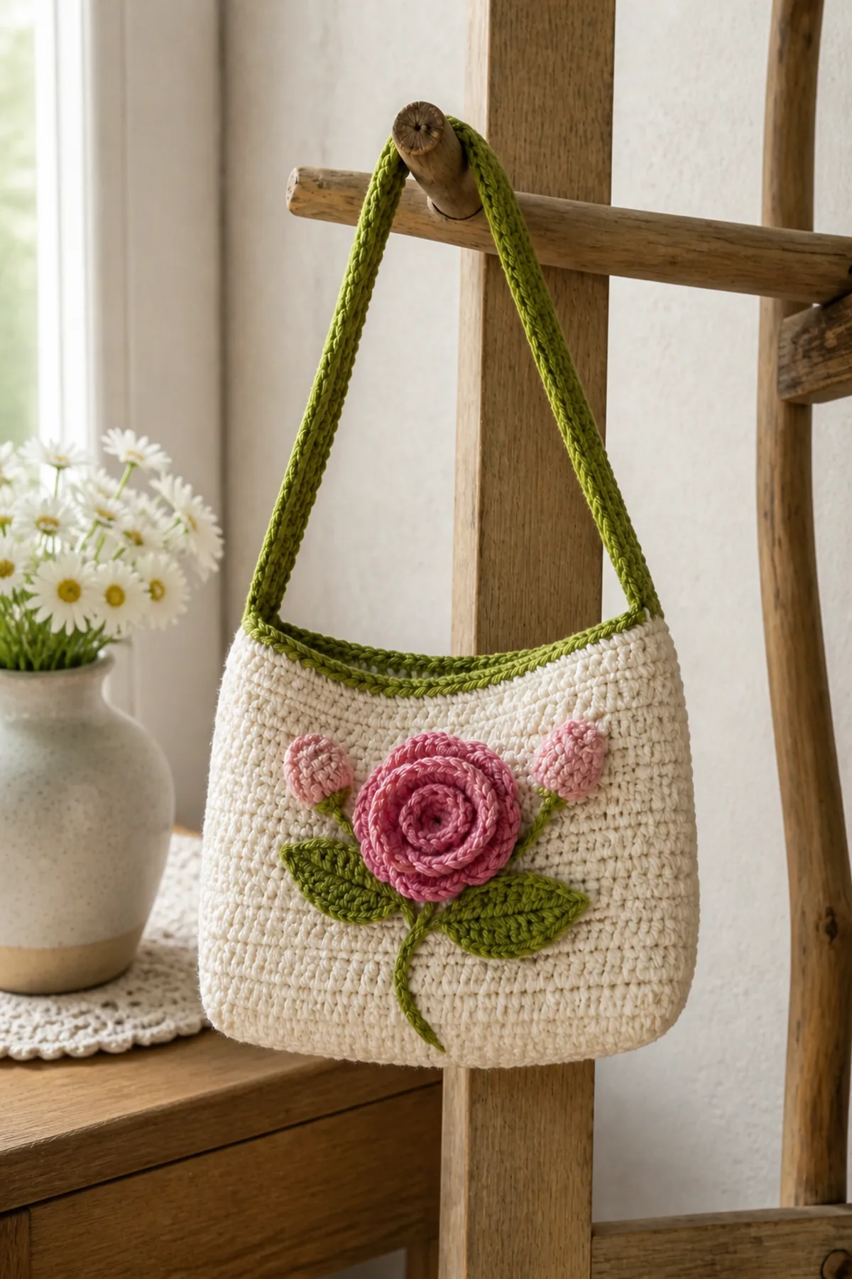 Finished small crochet rose bag styled in a bright natural setting