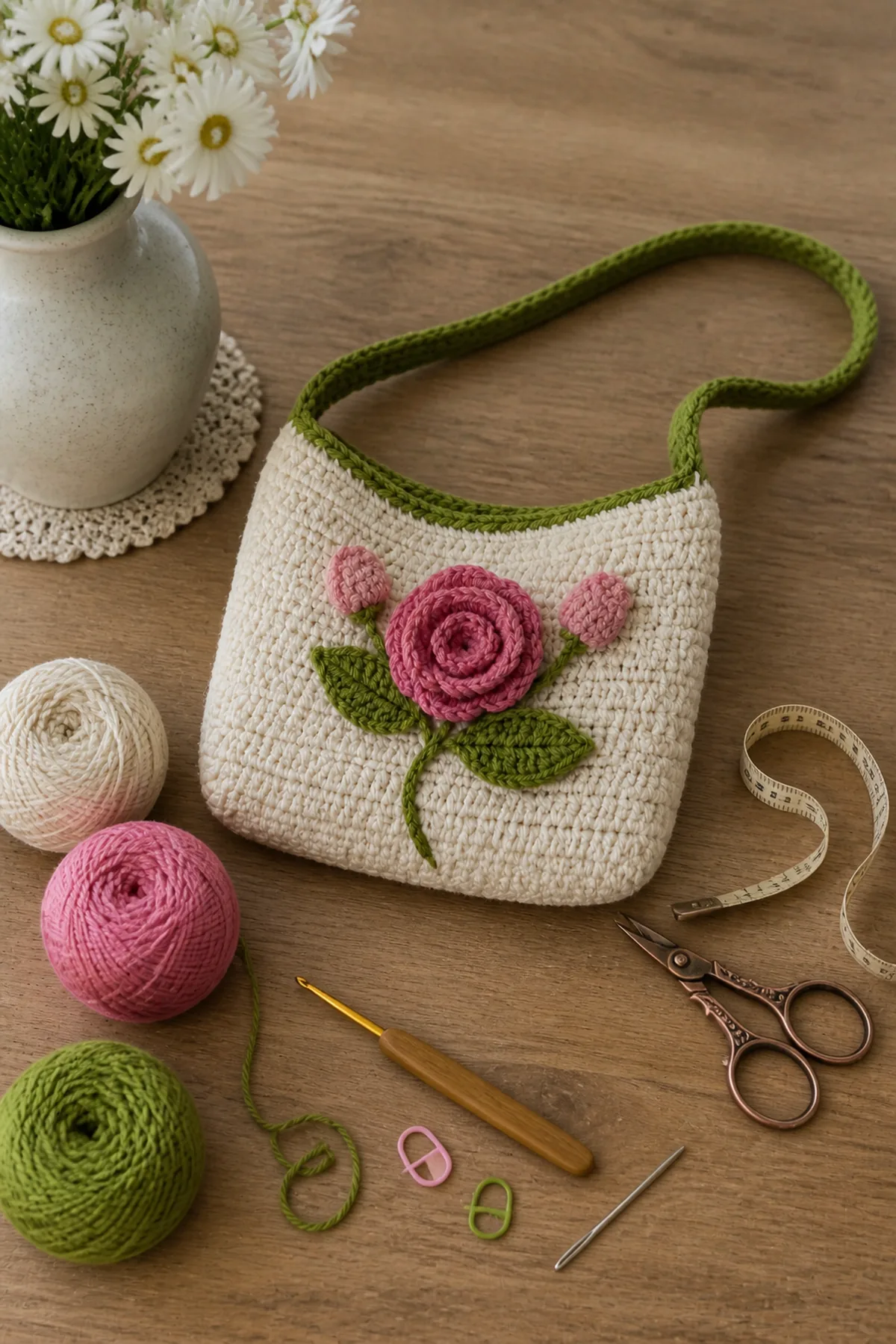 Yarn, crochet hook, stitch markers, yarn needle, tape measure, and scissors for small crochet rose bag