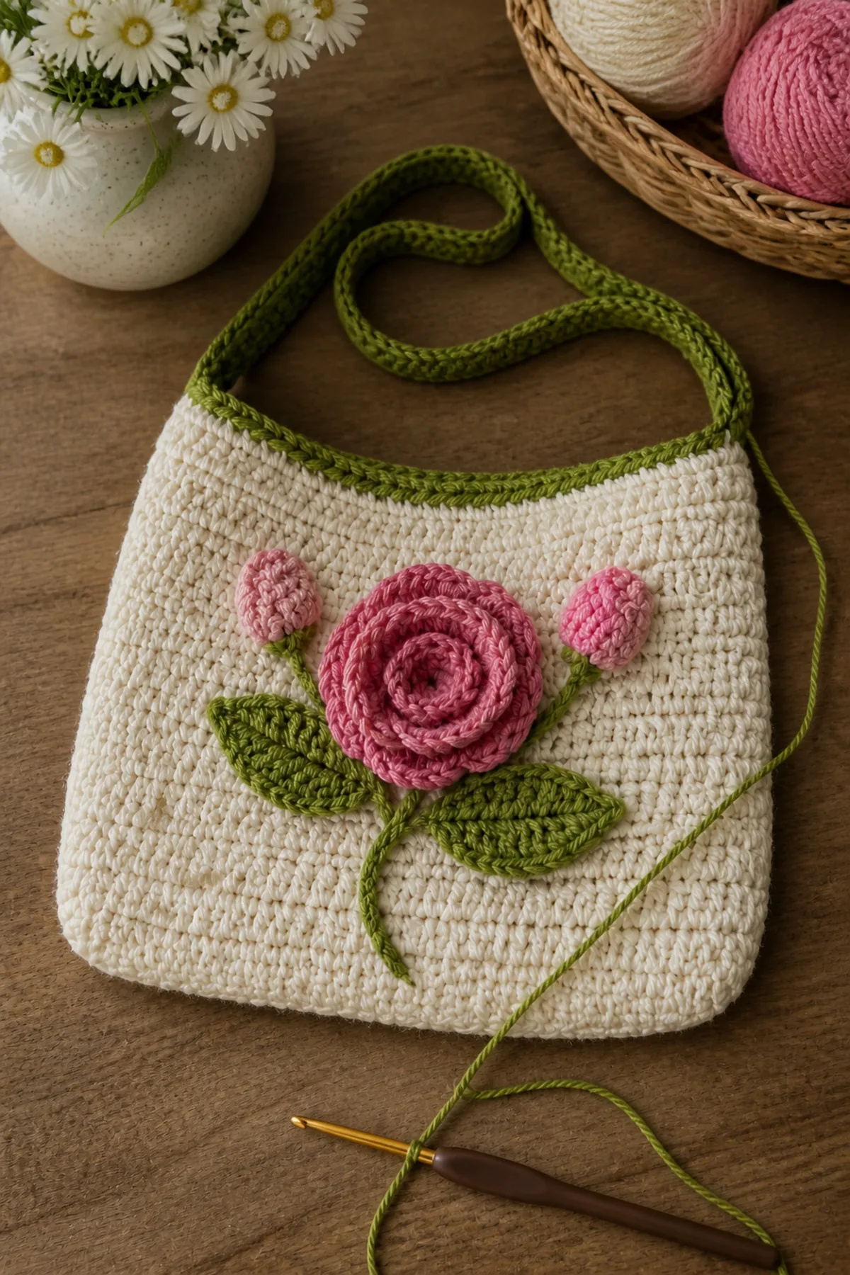 Early crochet construction stage for small crochet rose bag with working yarn and hook