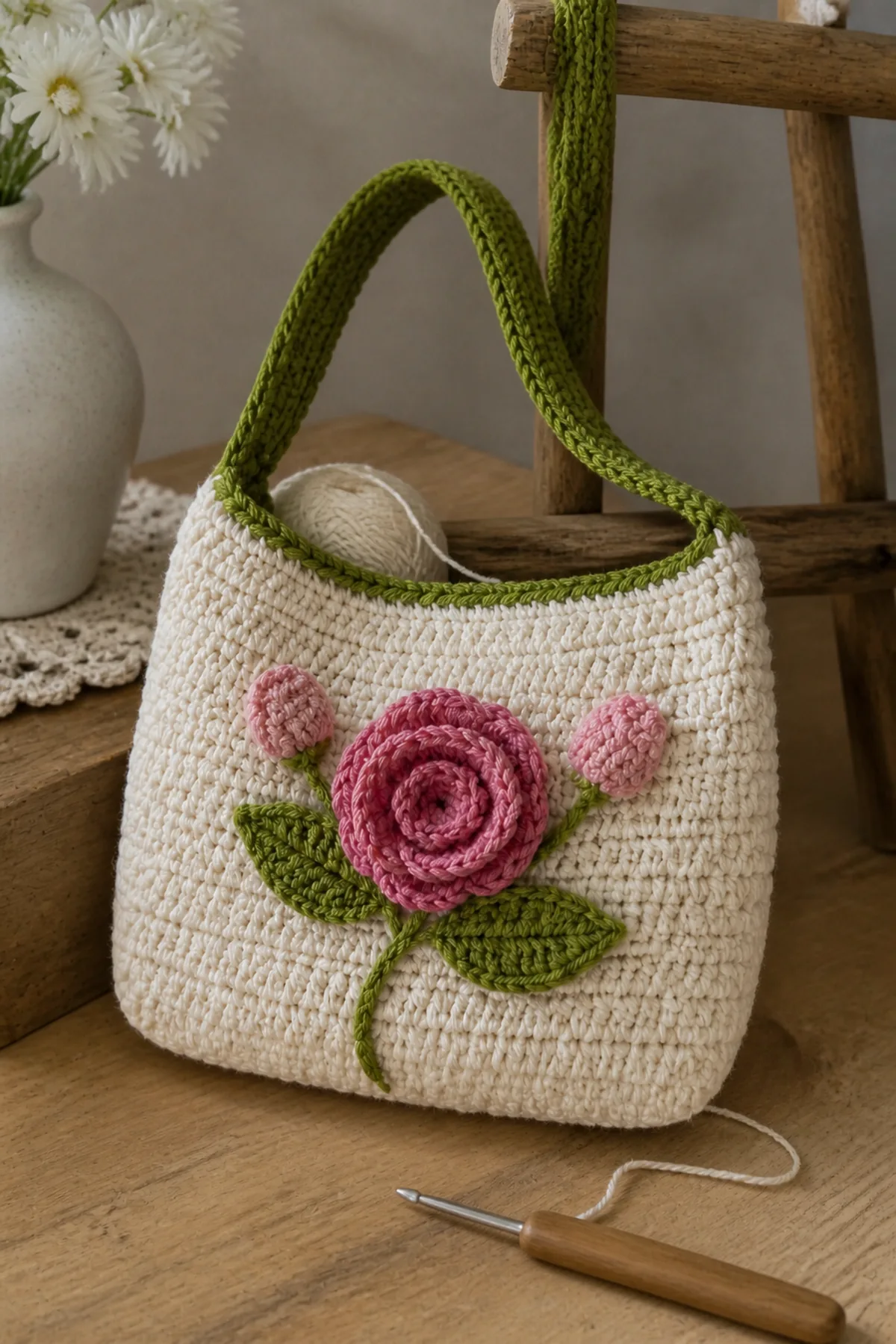Mid-process crochet construction and shaping for small crochet rose bag