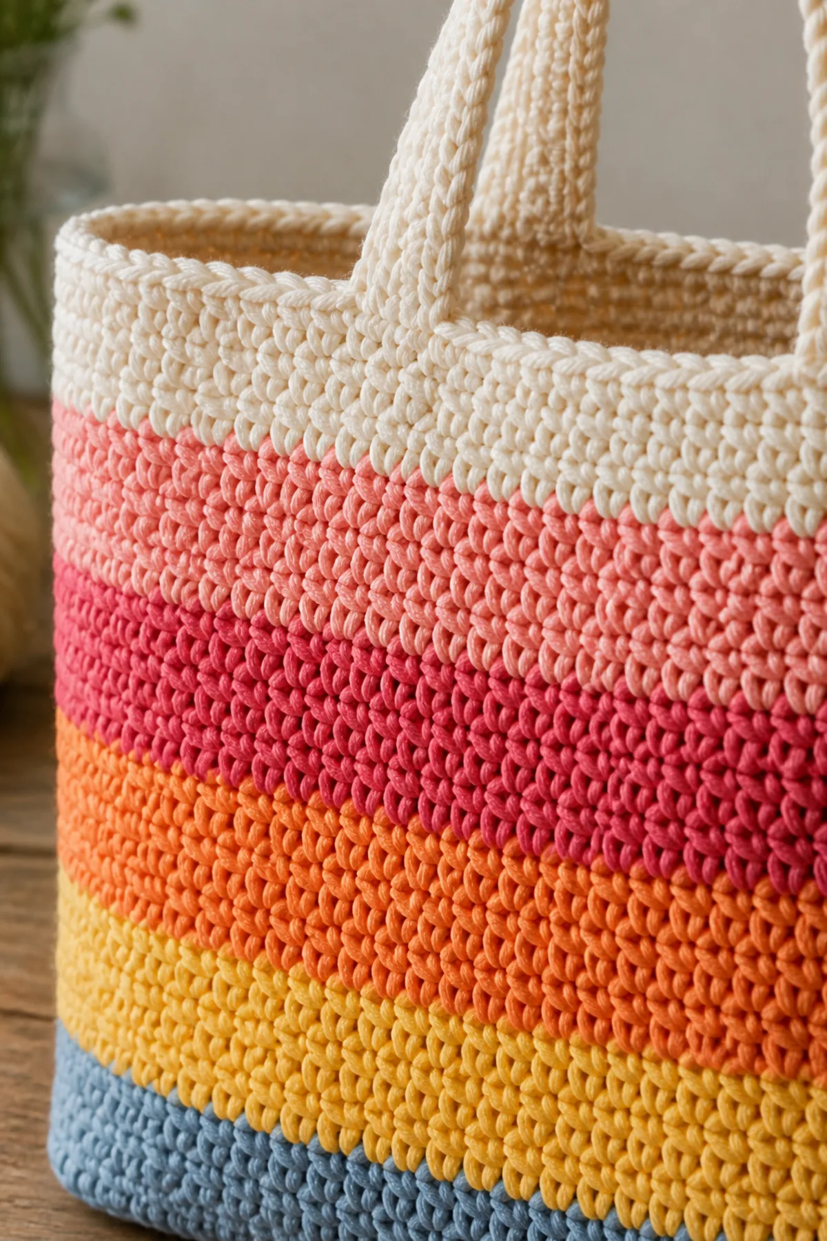 Close-up of the stitch texture and finishing details on striped sunset mini tote