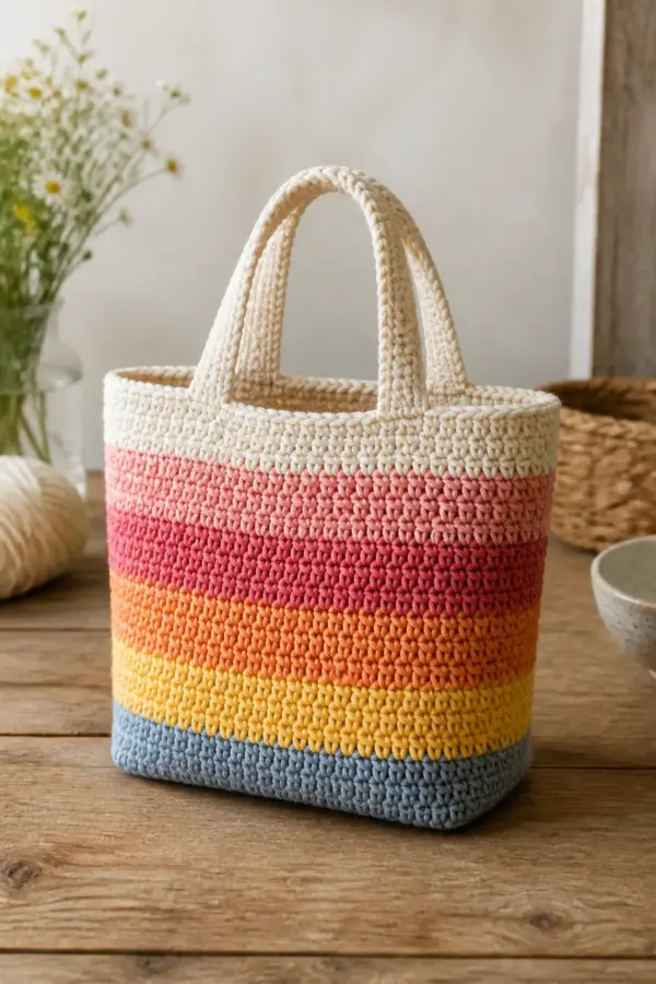 Finished striped sunset mini tote displayed with a clean handmade finish