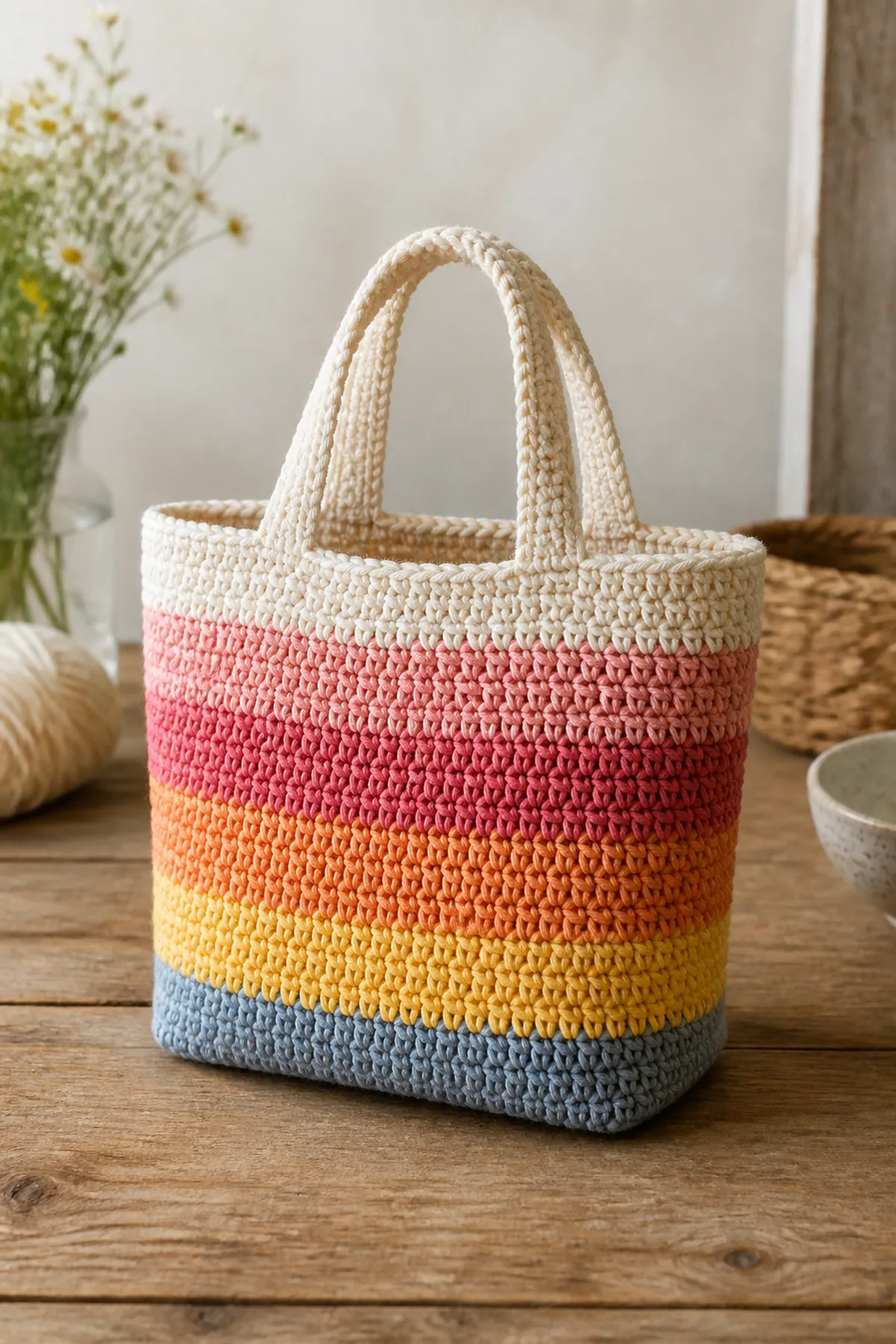 Finished striped sunset mini tote displayed with a clean handmade finish