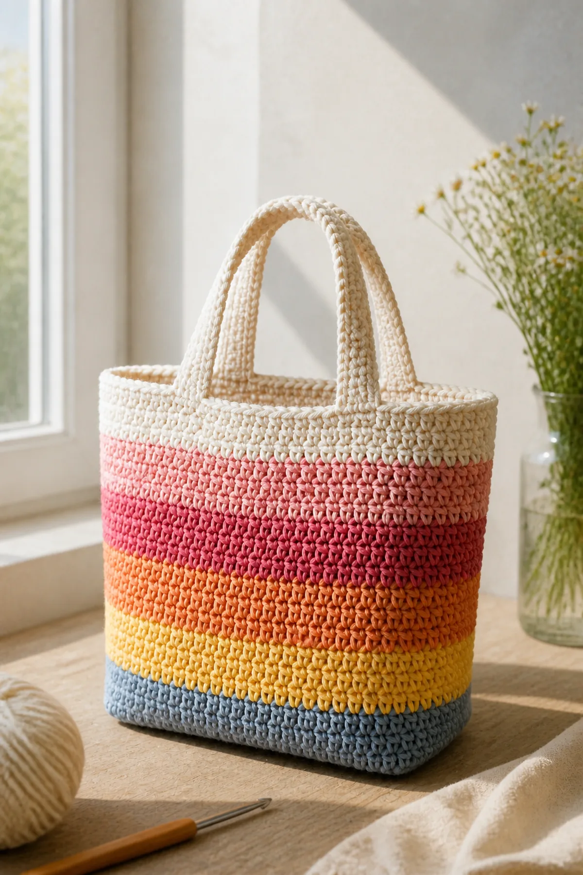 Finished striped sunset mini tote styled in a bright natural setting