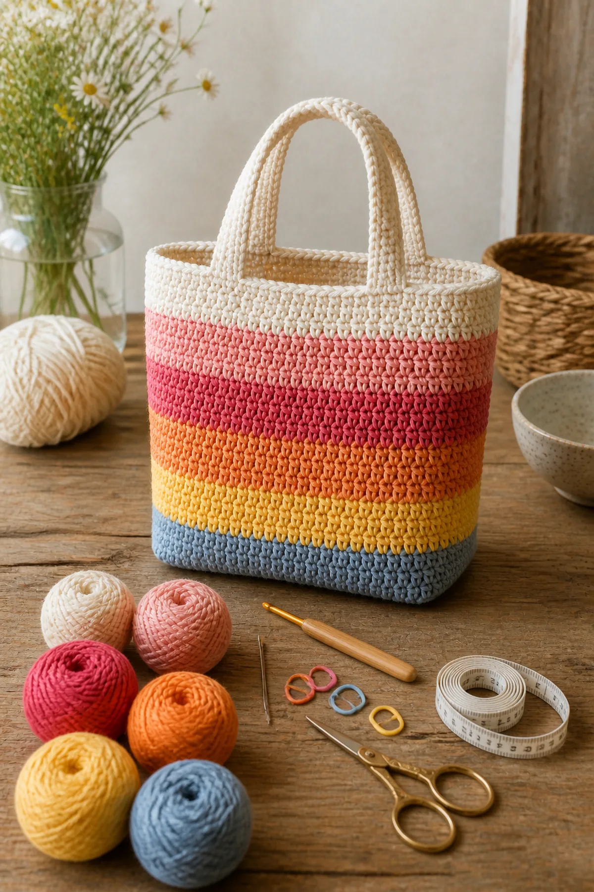 Yarn, crochet hook, stitch markers, yarn needle, tape measure, and scissors for striped sunset mini tote